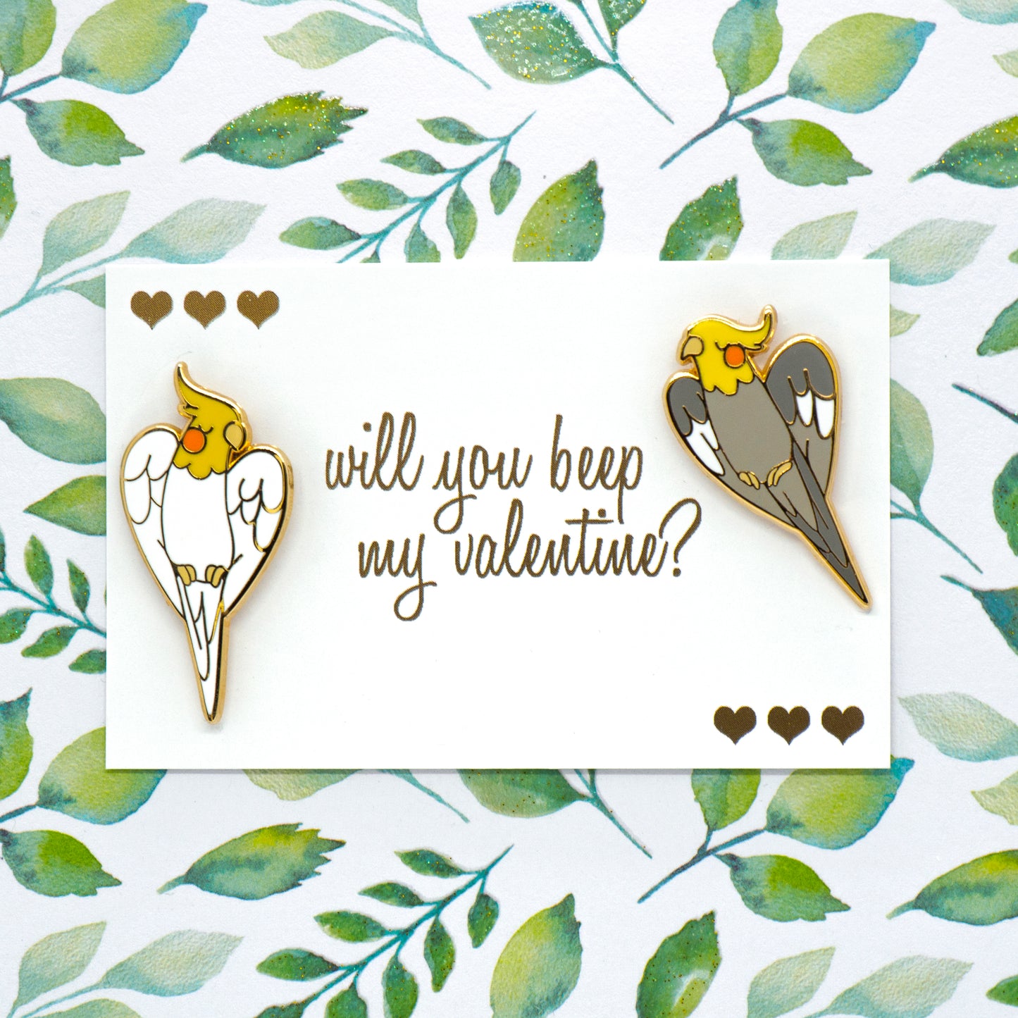 Valentine's Cockatiel Duo Pins