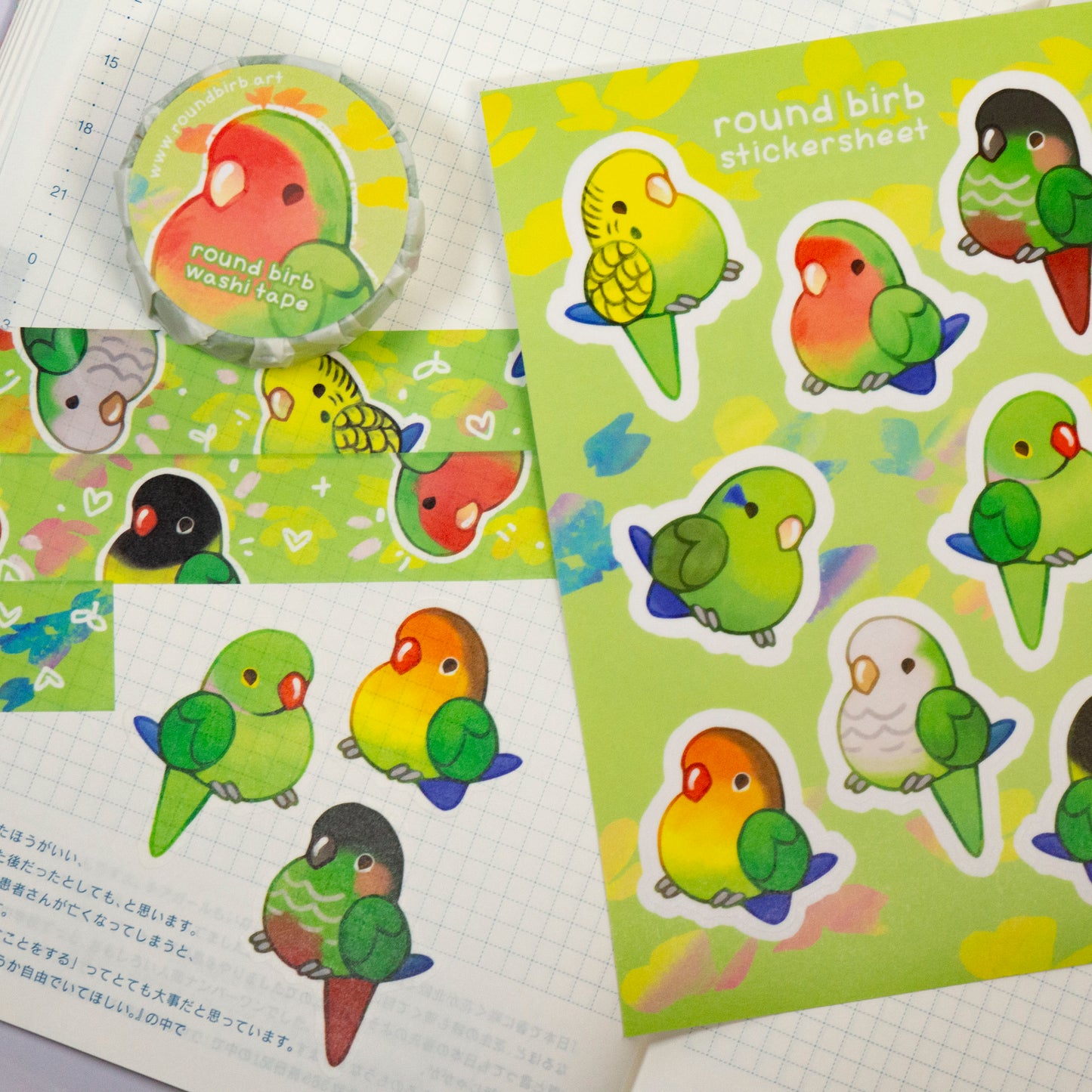 Round Green Parrots Washi Stickersheet